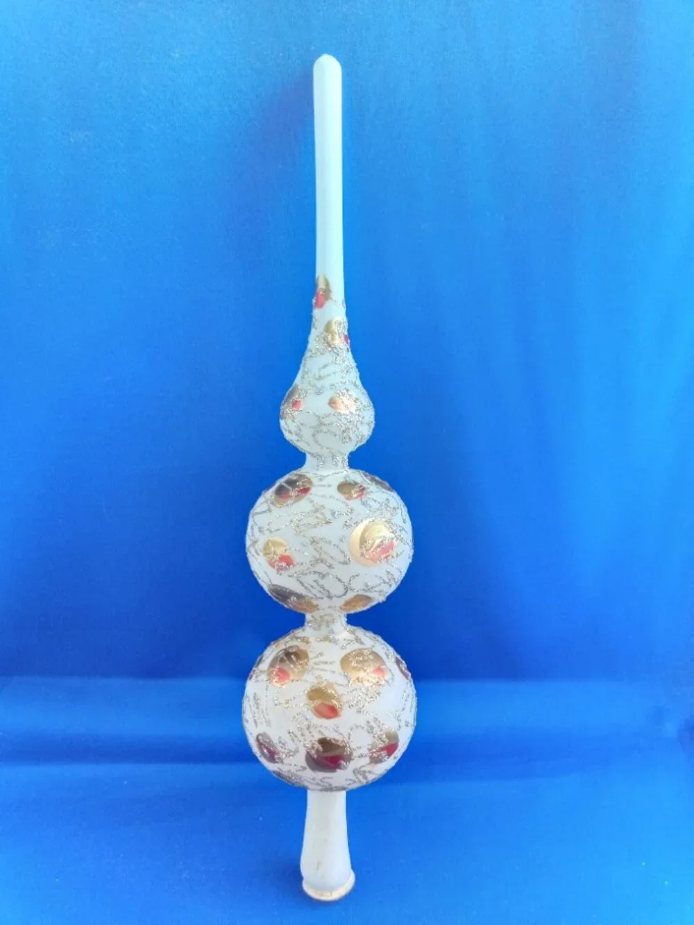Vintage glass finial Christmas tree topper frosted white with gold glitter swirl